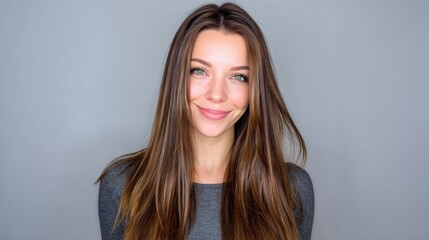 Obraz premium Portrait of a Young Woman with Long Brown Hair Smiling Against a Neutral Background in Studio Lighting
