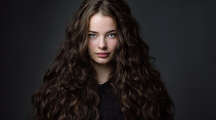 Naklejka premium Enchanting Portrait of a Young Woman with Long, Wavy Hair against a Dark Background in Artistic Studio Lighting