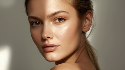 Naklejka premium Natural beauty portrait young woman with soft lighting and warm skin glow