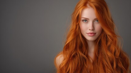 Fototapeta premium Young Woman with Long Flowing Red Hair Posing Against a Neutral Background in a Studio Setting