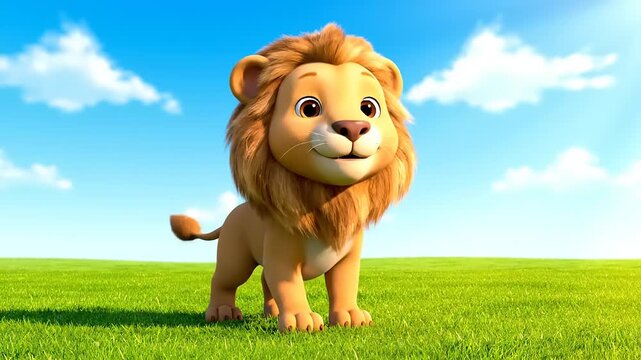 Lion cub walks happily on a summer meadow. 3D-render. Cute animation character walks confidently. Children's background image for storybook.
