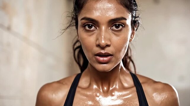 Exhausted young woman sweating intensely after a rigorous workout session