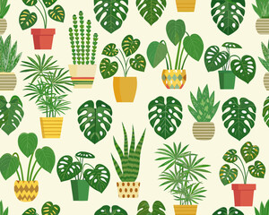 A colorful repeating pattern featuring various potted houseplants and foliage © Songita
