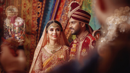 Fototapeta premium Traditional bride and groom in ornate red and gold wedding attire smiling during ceremony