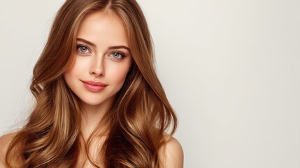 Naklejka premium Attractive young woman with long, silky hair and natural makeup posing against a plain background in a studio setting
