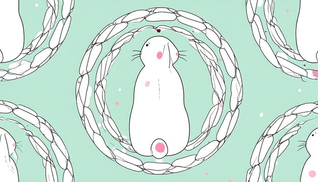 A whimsical pattern showcases white rabbits encircled by intertwined rope-like structures, set against a pastel green background