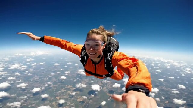 Woman skydiving with a joyful expression in mid-air.