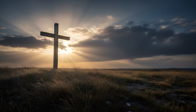 A rustic wooden cross stands alone on a peaceful hill at sunset, embodying the solemn Good Friday concept of faith and sacrifice.