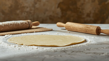 Rolled fresh pasta dough on floured countertop with wooden rolling pins