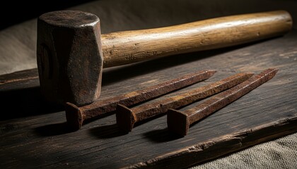 An ancient heavy hammer and three large rusty nails arranged on a dark wooden surface for a solemn Good Friday crucifixion concept