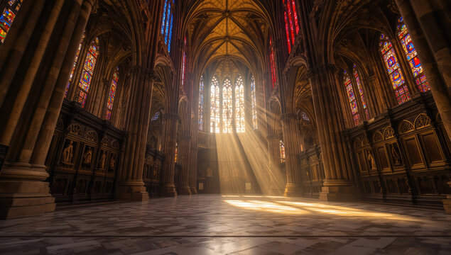 Sunlit gothic cathedral nave with stained glass windows and golden light rays