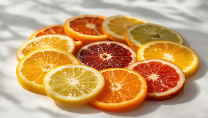 Fototapeta premium Colorful citrus slices arranged on white surface with soft shadows, vivid fresh fruit
