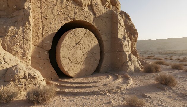 The ancient stone tomb entrance with a massive rolling rock in a desert landscape, a powerful Good Friday and resurrection concept