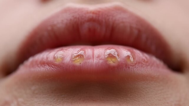 Medical close-up of herpes simplex outbreak on lip, small clustered fluid-filled blisters with slight redness