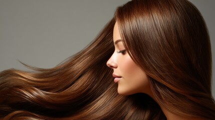 Fototapeta premium Close-Up of Young Woman with Shiny, Long Brown Hair Flowing Gracefully Against Soft Neutral Background