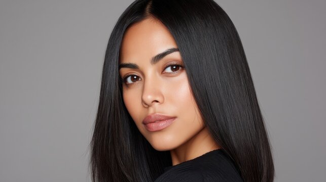 Elegant portrait of a young woman with long, straight hair and natural makeup against a neutral background