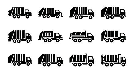Collection of garbage trucks in various orientations and silhouettes viewed from the side