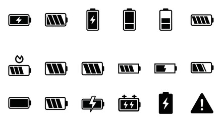 Collection of various battery icons displaying different charge levels and statuses