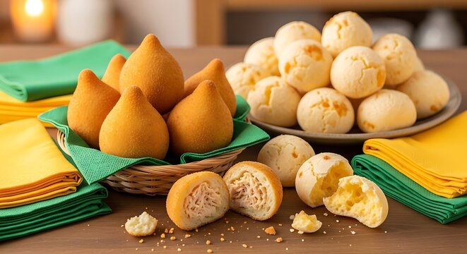 Delicious Brazilian coxinhas and p&atilde;o de queijo adorn table. brazil and brazilian fan 2026 soccer world championship.