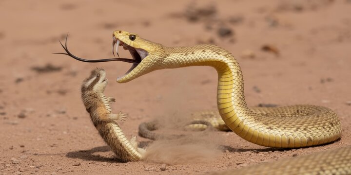 Desert snake attack close up venomous reptile striking prey with open mouth wildlife hunting behavior nature photography