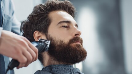 Fototapeta premium Stylish Male Grooming Session with Barber Shaving Beard and Hair in Trendy Barbershop Environment