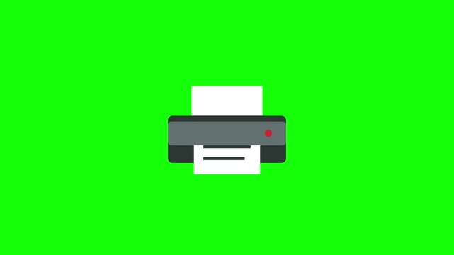 Animated printer icon outputting document green screen. 4K Video