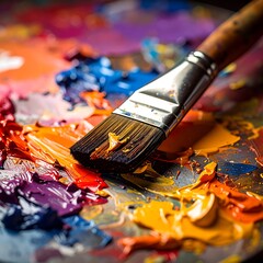 Fototapeta premium A paintbrush lies on a vibrant, multicolored palette of paints