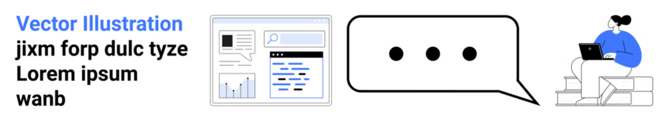 Business solutions, remote work trends, team communication, data analysis, digital technology, online collaboration. Charts, speech bubble and person using laptop. Business solutions and remote work