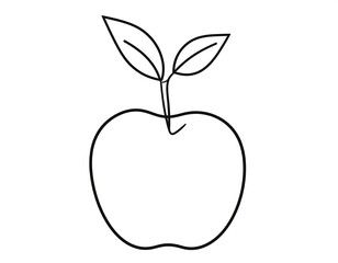 Fototapeta premium Simple, black and white illustration of a apple with two leaves coming out of the stem area of the apple