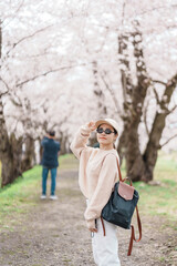 Woman tourist sightseeing Sakura Cherry Blossom in Spring. Happy traveler travel near Hinokinai...