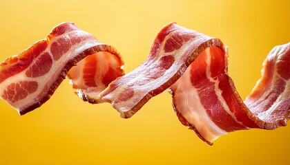slices of bacon swirling in mid air against a vibrant yellow background
