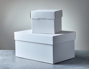 several blank white cardboard boxes of various sizes stacked