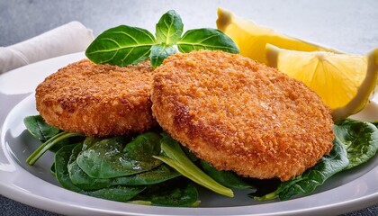two golden brown crumb coated patties on a bed of spinach garnished with lemon slices