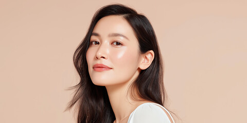 日本人, 女性, 50代, 40代, ミドル, シニア, 美容, スキンケア, エイジングケア, 健康, ライフスタイル, 美人, ナチュラル, 清潔感, 透明感, 白背景, コピースペース, 広告素材, 信頼感, 微笑み, ウェルビーイング, 上半身, 視線, ポニーテール, 化粧品, エステ, 自己肯定感, オーセンティック, ポジティブエイジング, 日本, ウェルエイジング, サプリメント,