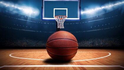 close up of a basketball on court with hoop and arena backdrop