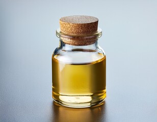 small glass bottle of pale yellow liquid capped with gold