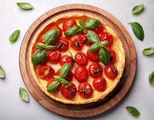 round savory tart topped with cherry tomatoes and basil