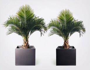 two potted palm trees in square planters
