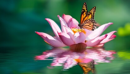 butterfly on pink lotus flower floating in calm water with green background