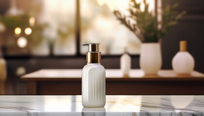 cosmetic product bottle on marble table with soft focus interior background