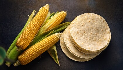 corn cobs and tortillas beautifully arranged on a dark background