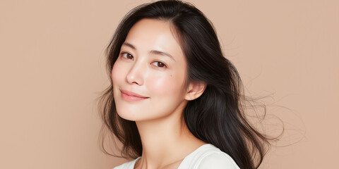 日本人, 女性, 50代, 40代, ミドル, シニア, 美容, スキンケア, エイジングケア, 健康, ライフスタイル, 美人, ナチュラル, 清潔感, 透明感, 白背景, コピースペース, 広告素材, 信頼感, 微笑み, ウェルビーイング, 上半身, 視線, ポニーテール, 化粧品, エステ, 自己肯定感, オーセンティック, ポジティブエイジング, 日本, ウェルエイジング, サプリメント,