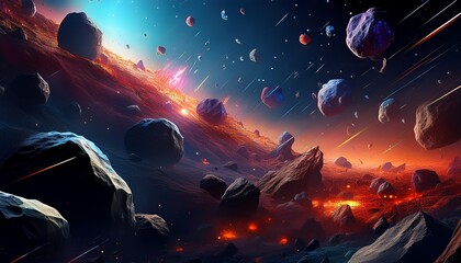 a chaotic scene of asteroids in the darkness of space