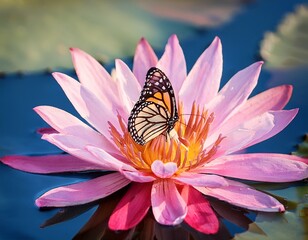 butterfly on pink lotus flower floating on water in natural light