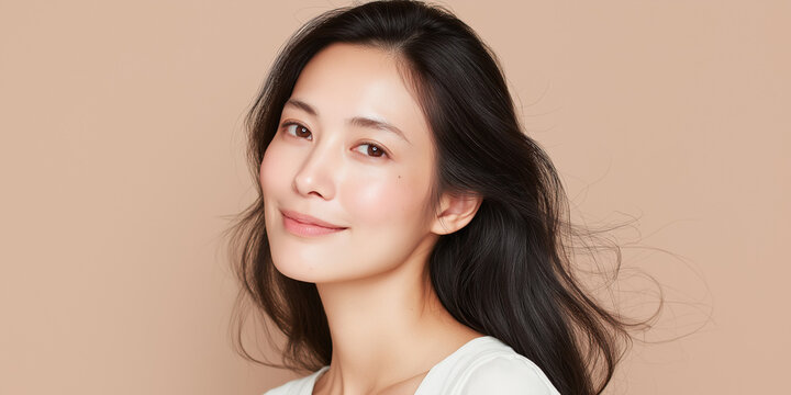 日本人, 女性, 50代, 40代, ミドル, シニア, 美容, スキンケア, エイジングケア, 健康, ライフスタイル, 美人, ナチュラル, 清潔感, 透明感, 白背景, コピースペース, 広告素材, 信頼感, 微笑み, ウェルビーイング, 上半身, 視線, ポニーテール, 化粧品, エステ, 自己肯定感, オーセンティック, ポジティブエイジング, 日本, ウェルエイジング, サプリメント,