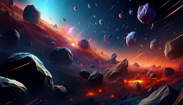 a chaotic scene of asteroids in the darkness of space