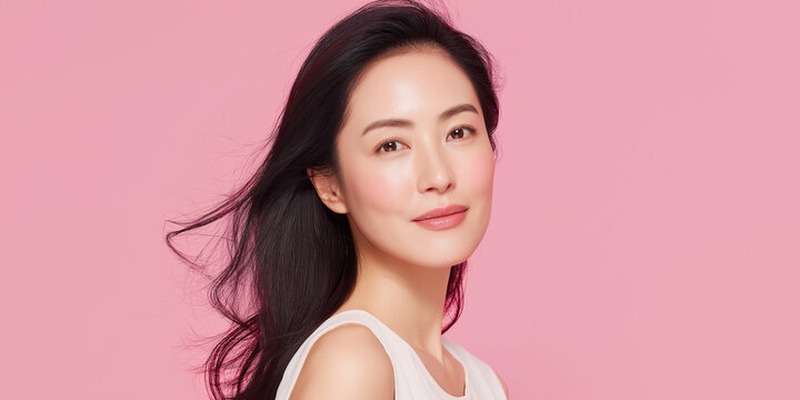 日本人, 女性, 50代, 40代, ミドル, シニア, 美容, スキンケア, エイジングケア, 健康, ライフスタイル, 美人, ナチュラル, 清潔感, 透明感, 白背景, コピースペース, 広告素材, 信頼感, 微笑み, ウェルビーイング, 上半身, 視線, ポニーテール, 化粧品, エステ, 自己肯定感, オーセンティック, ポジティブエイジング, 日本, ウェルエイジング, サプリメント,