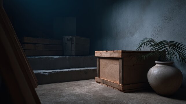 Urban loneliness inside a cluttered storage unit , dim lighting, muted colors, lonely atmosphere, mysterious visual metaphor of a box breathing slowly, cinematic composition, gritty textures, visual