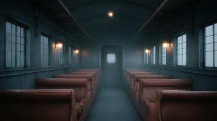 Affordable rent life inside an overgrown train station , dim lighting, muted colors, eerie atmosphere, mysterious visual metaphor of a face in the fog, cinematic composition, gritty textures, visual