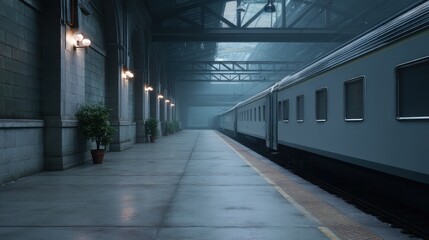 Affordable rent life inside an overgrown train station , dim lighting, muted colors, eerie atmosphere, mysterious visual metaphor of a face in the fog, cinematic composition, gritty textures, visual